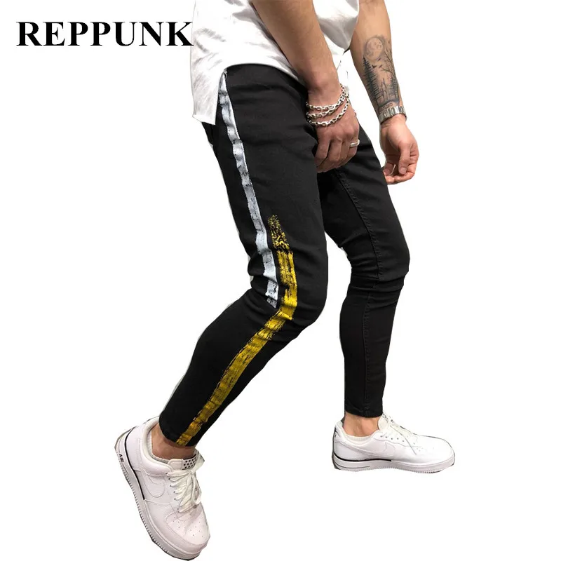 REPPUNK обтягивающие мужские джинсы в стиле хип-хоп эластичные облегающие джинсовые брюки мужские эластичные узкие уличные рваные колени с дырками