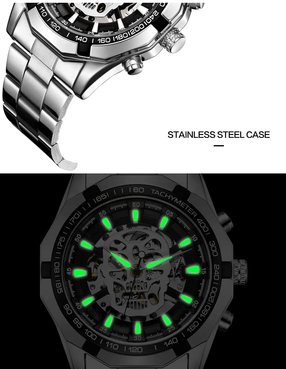 Новые модные механические часы мужские череп дизайн Топ бренд серебро Нержавеющая сталь ремешок Скелет Человек Авто наручные часы