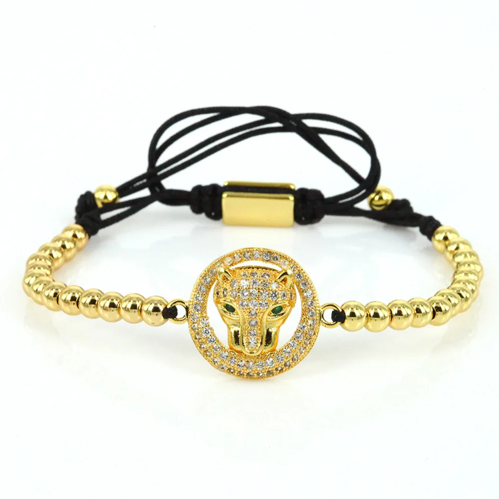 2017 Anil Arjandas Macrame Bracelet Micro Pave CZ Leopard Head Charm Bracelets Green Eye Face 4mm Beads Mens | Украшения и