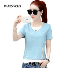 Новинка летняя футболка женская с v-образным вырезом с коротким рукавом женская футболка однотонная Хлопковая женская футболка повседневные Топы И Футболки Camisetas