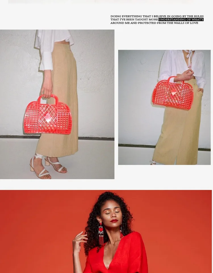 INS Super Hot Hand-Held Basket Bag Hollowed Out Jelly Large Capacity Summer Seaside Vacation Handbags Fashion Tote Bags acrylic bag marble texture