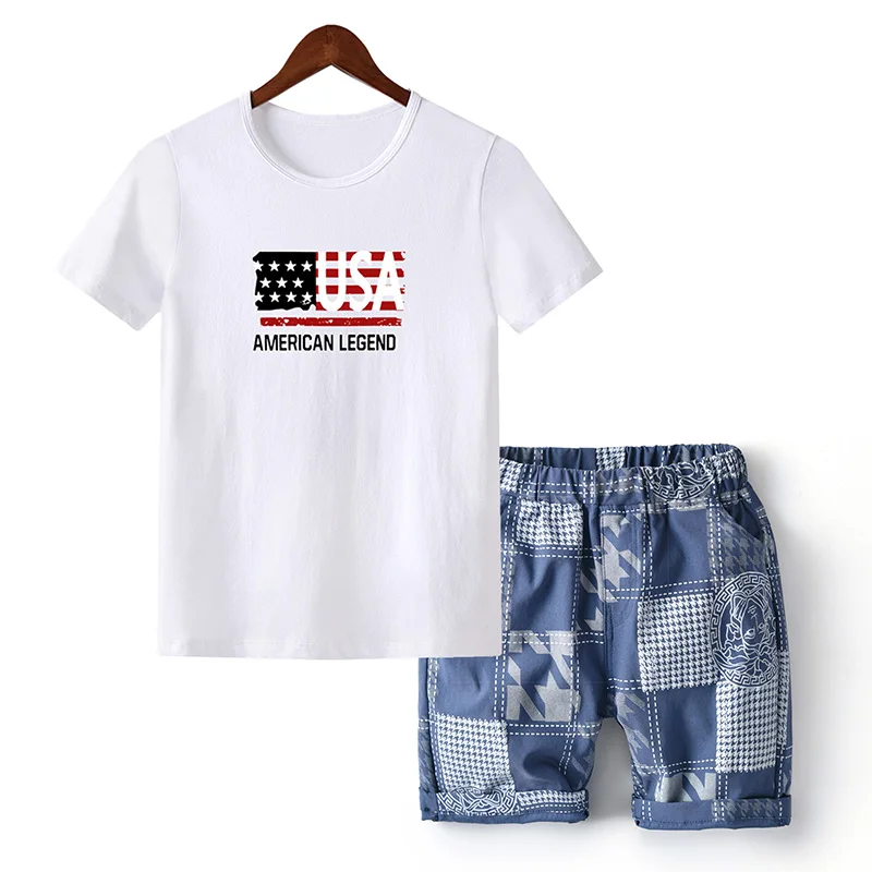 Комплект одежды для мальчиков-подростков, лето, футболка с рисунком Гавайские шорты Одежда для мальчиков-подростков 6, 8, 10, 12, 13, 14 лет - Цвет: 04 Blue