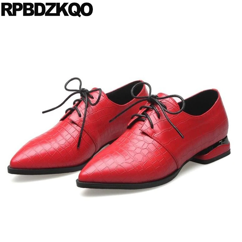 

Women Oxfords British Style Pointed Toe Size 33 Red Ladies Genuine Leather Slip On Lace Up Flats Beautiful Shoes 2017 Fashion