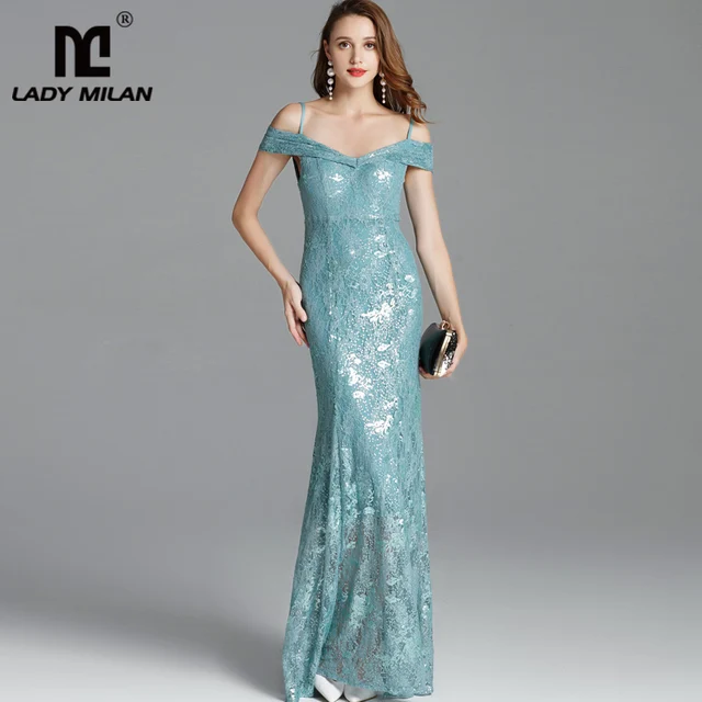 $US $52.29 Women's Runway Dresses Spaghetti Straps Sexy Off the Shoulder Party Prom Embroidery Sequined Lace Fashion Designer Long Dresses