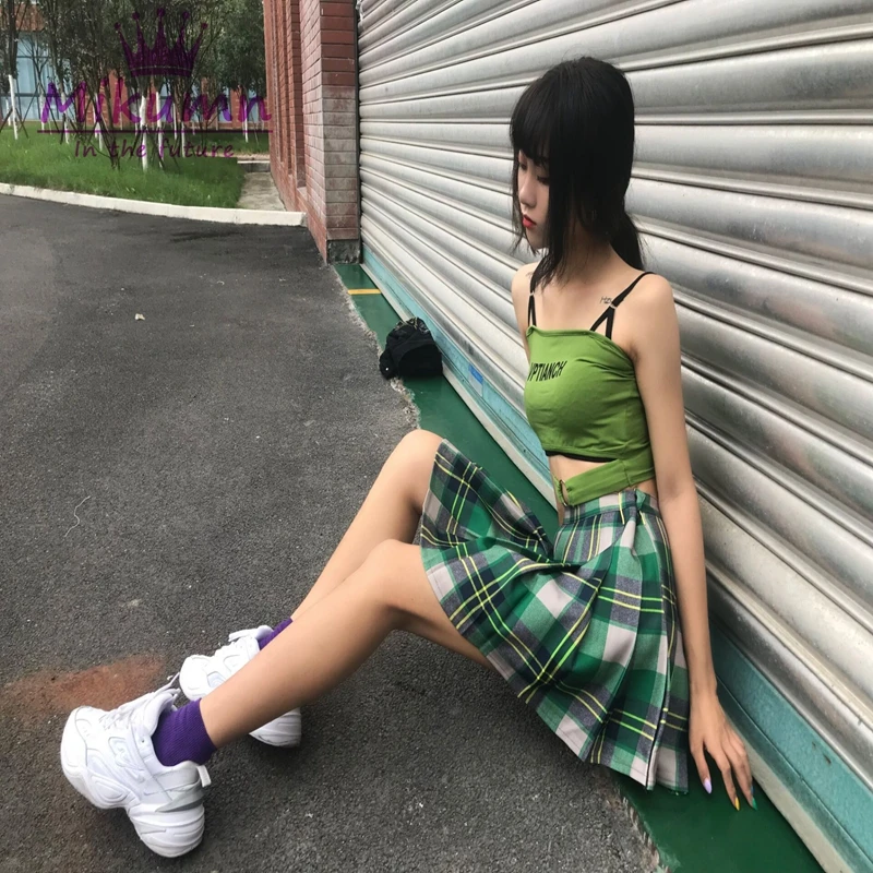 Mikumn новая стильная Летняя женская юбка Harajuku зеленая клетчатая плиссированная