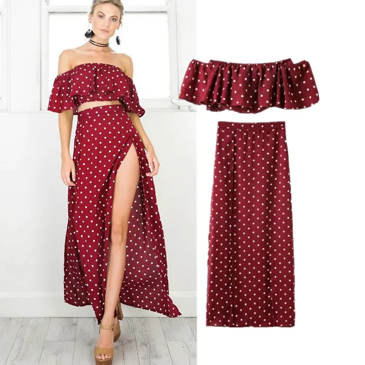

Sexy Dot 2 Piece Set Summer Women Skirt Top Split Sleeveless Crop Top and Skirt Women Set Ankle-Length Skirt Women Clothes Set