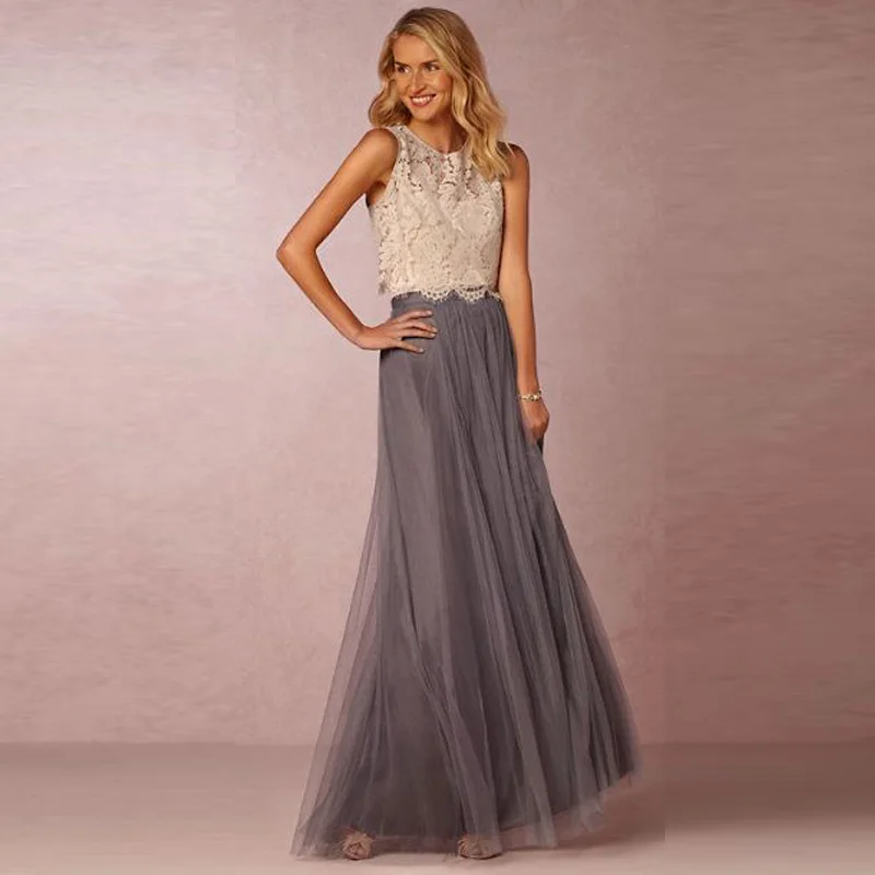 

Long Tulle Women Skirts A Line Floor Length Two Layers Tulle One Layers Chiffon One Lining Maxi Skirts For Bridesmaids