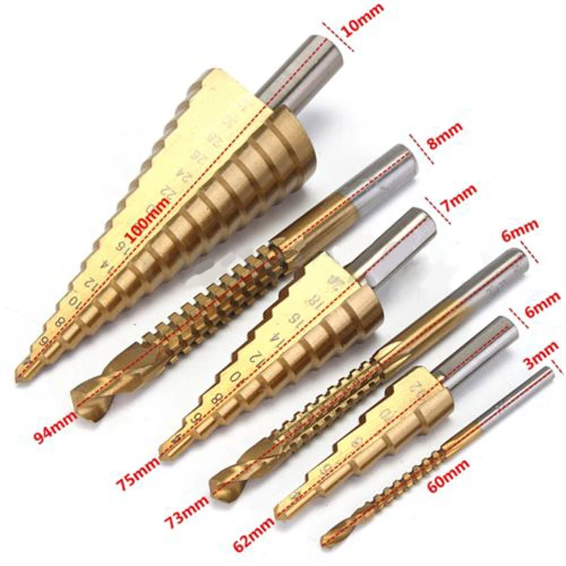 3Pcs 4 32mm HSS Steel Titanium Step Drill Bits With 3pcs HSS Twist Drill Bits Set