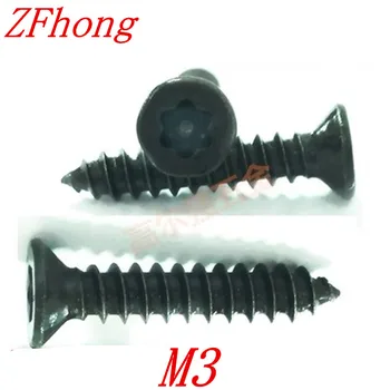 

100pcs/lot m3*6/8/9/13/16/19 Six-Lobe black Torx Flat countersunk head self tapping screw with pin