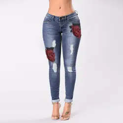 Модные женские s печатная версия вышивка джинсовые джинсы тонкие обтягивающие брюки стрейч брюки для женщин женские брюки одежда
