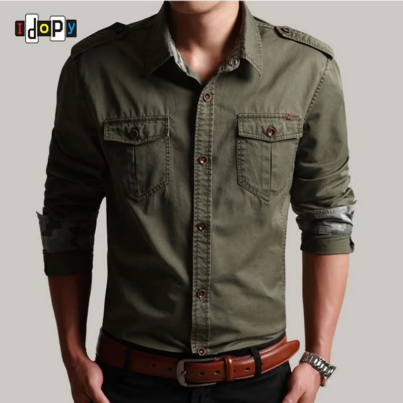 Idopy Повседневная мужская футболка с пилотом, с длинным рукавом, в стиле пэчворк, с карманом, мужские толстовки, модные армейские военные стильные рубашки для мужчин