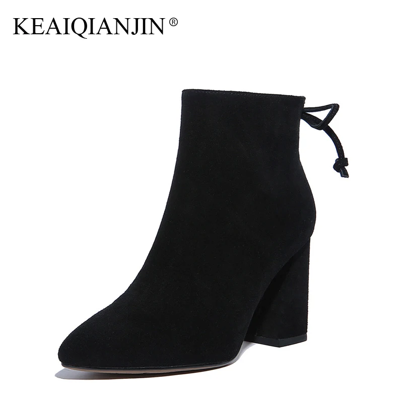 

KEAIQIANJIN Woman High Heels Ankle Boots Autumn Winter Black Brown Apricot Plus Size 33 - 44 Shoes Genuine Leather Martens Boots
