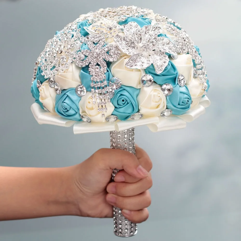 JaneVini блестящие стразы синий цветок украшения для букета невесты атласная роза серебро кристалл брошь невесты бисером держа цветы