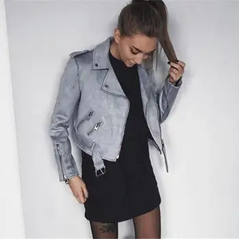 

2019 Spring Autumn New Suede Jacket Women Long Sleeve Zipper Slim Pu Coats Ladies Bikers Moto Style Short Jackets