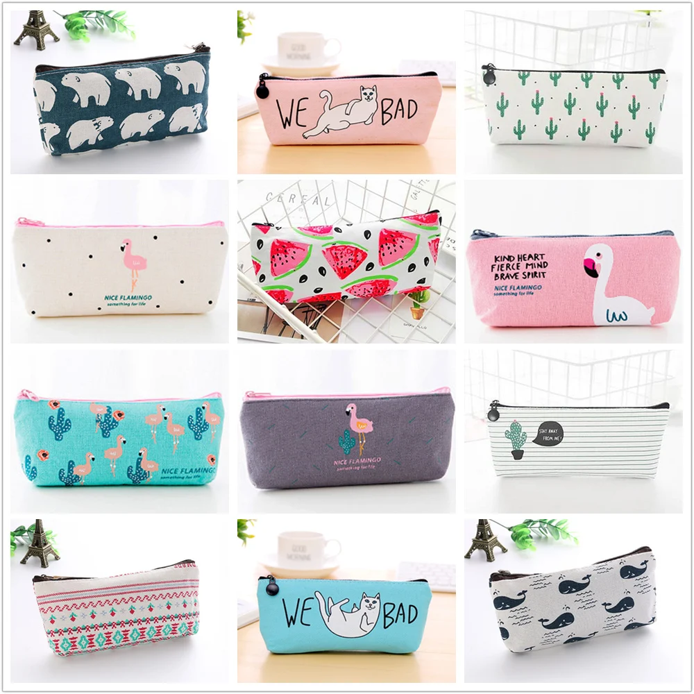 

1pcs Flamingos Cactus Pencil Case Canvas School Supplies Kawaii Stationery Estuches Chancery School Cute Pencil Box Pen Bags