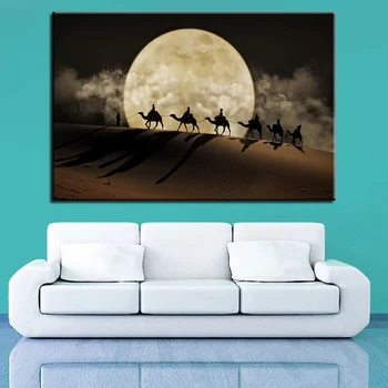

Canvas Posters Wall Art 1 Piece/Pcs Camel Team Paintings HD Prints Full Moon In Desert Pictures Home Decor Living Room Framework