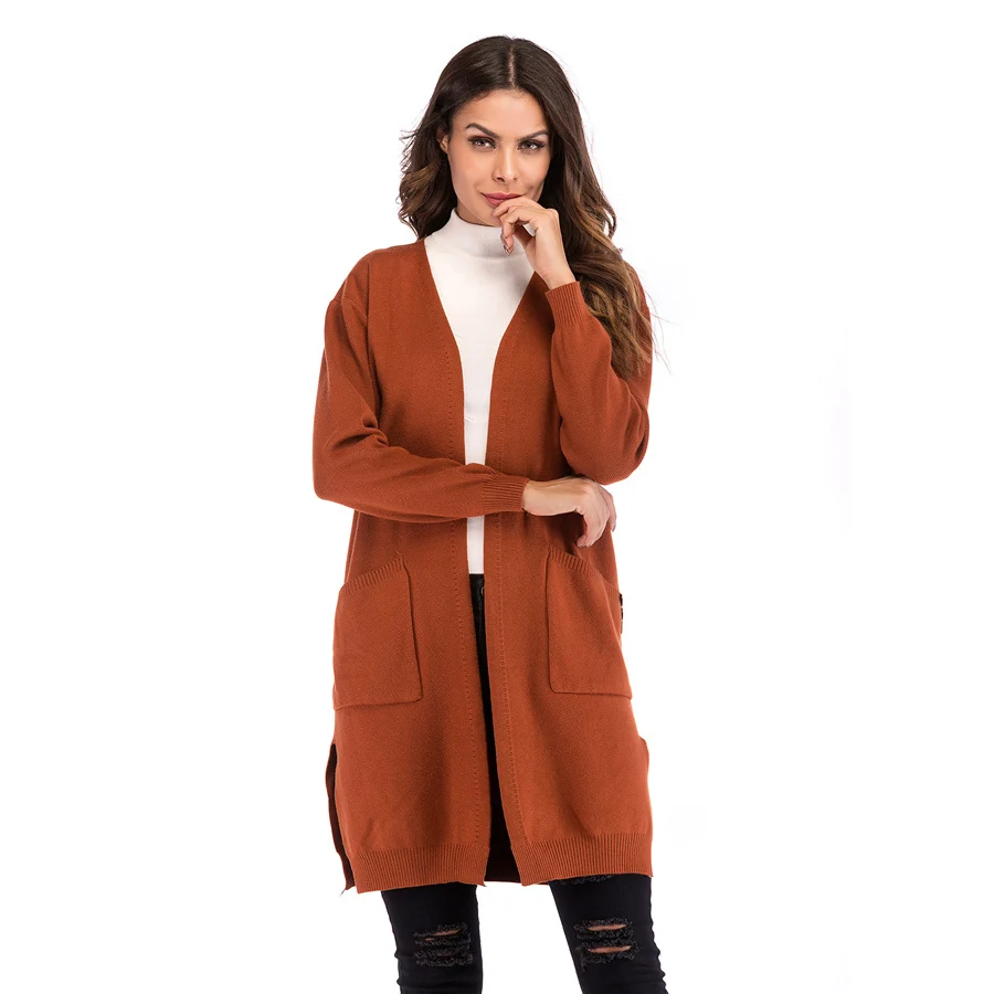 Gladiolus Long Style Autumn Sweater Women 2018 Long Sleeve Double Pockets Solid Casual Long Cardigan Women Knitted Jumper Coats (24)