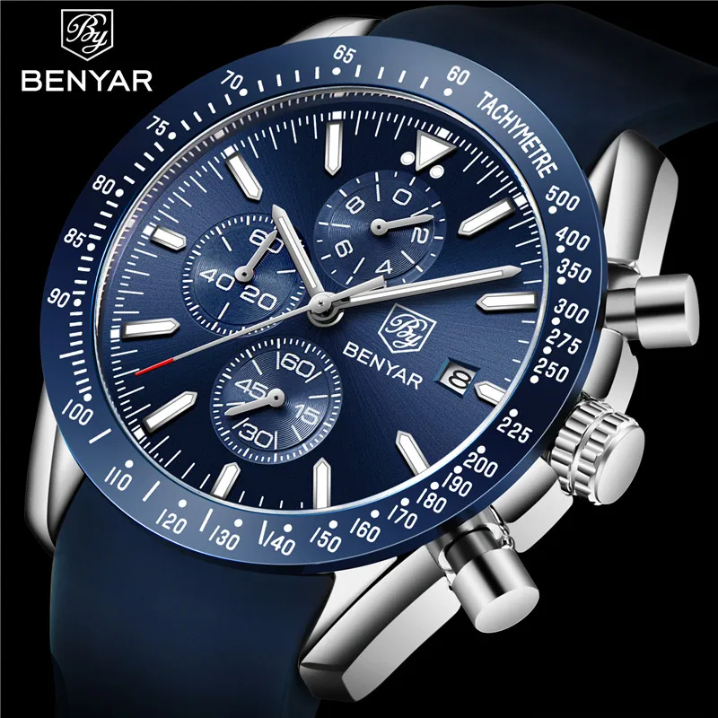 Мужские часы benyar мужские часы лучший бренд класса люкс Хронограф Спортивные мужские часы военные синие резиновые кварцевые мужские наручные часы