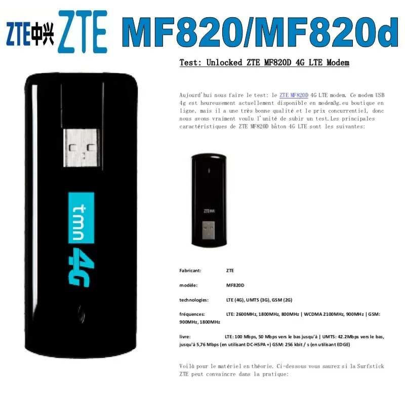 Zte MF820/MF820d 4 аппарат не привязан к оператору сотовой связи 1800/2100/2600 МГц 100 Мбит/с USB модем с самой лучшей ценой