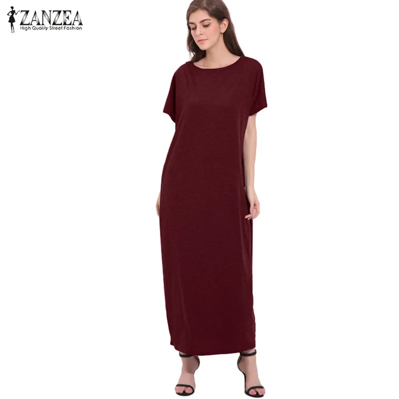 ZANZEA/летние вечерние платья макси с круглым вырезом и коротким рукавом; Женские однотонные повседневные короткие пикантные пляжные туники; мешковатые платья - Цвет: Wine Red