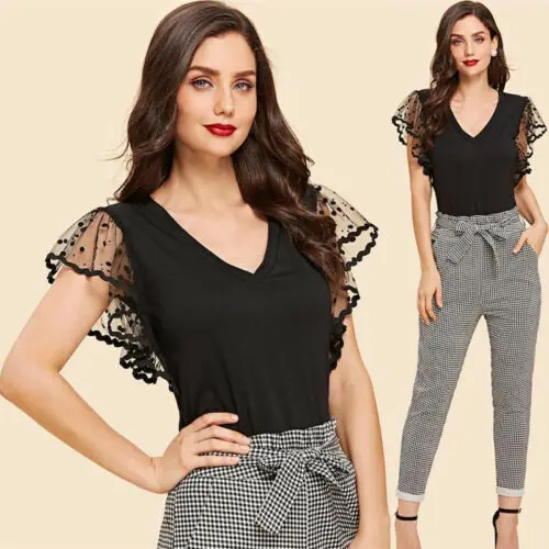 

Women Lace Sheer See Through Sleeve Shirt Ladies Short Sleeve Tops Blouse Size