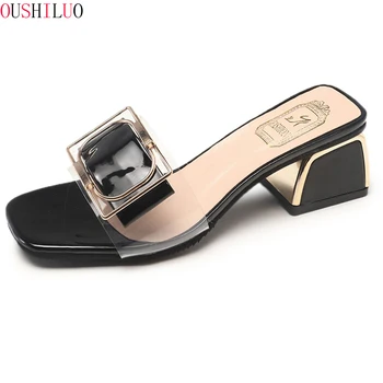 

Summer Women's Slippers Stylish and transparent 2019 New Slippers Fashion Women's Shoes Large Size 35-40 Metal Decoration