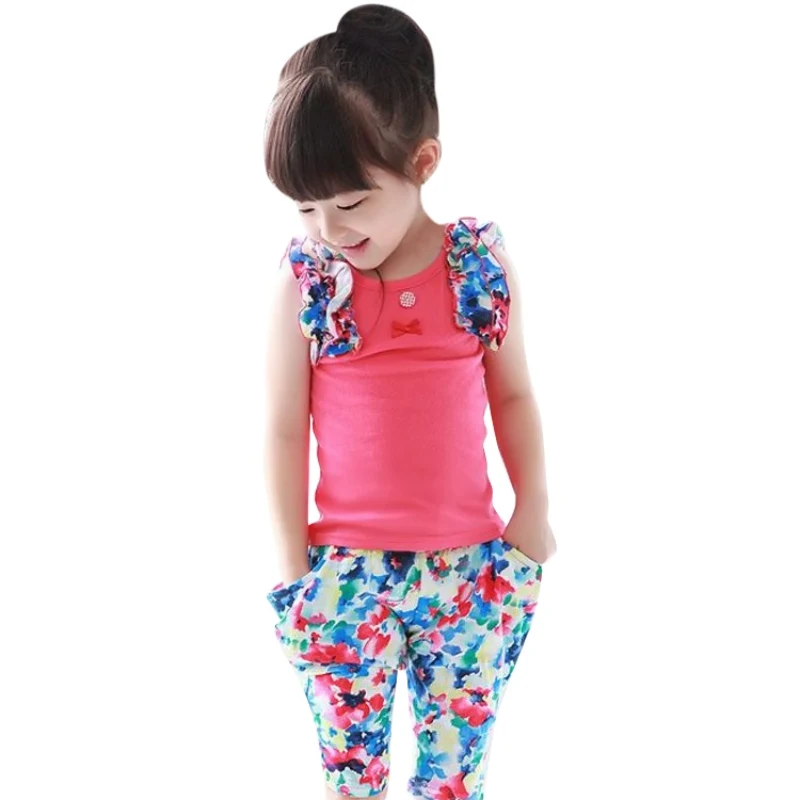 

Summer Suits Girls Sleeveless Vest Shirt + Floral Harem Pants Children Cloth Set 2-7YSuper