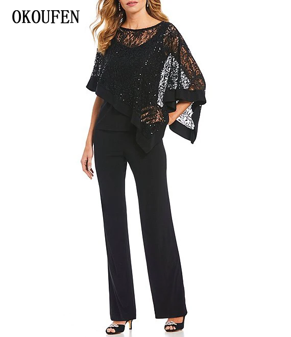

New 3 Pieces Mother of the Bride Dresses for Wedding 2019 Sequined Lace Wrap Jacket Pant Suit kurti vestido de madrinha farsali