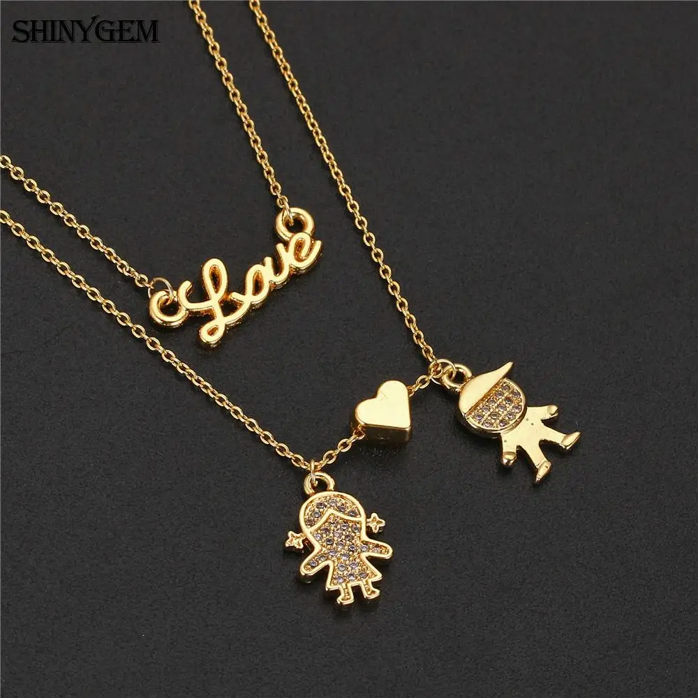 Золотое Двухслойное ожерелье ShinyGem, дизайн, подвеска для любви, циркон, для мальчиков и девочек, в форме сердца, Двойная Цепочка, ожерелье, подарок для женщин