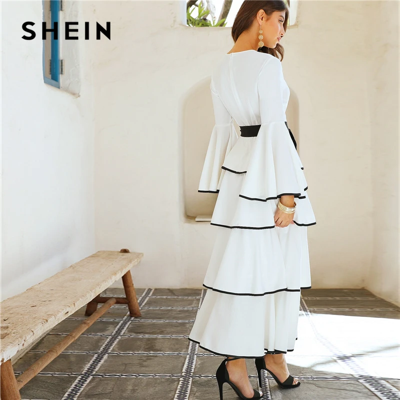 SHEIN элегантное белое контрастное многослойное платье макси с оборками и поясом для женщин, осеннее платье с оборками и расклешенной юбкой, платья с высокой талией
