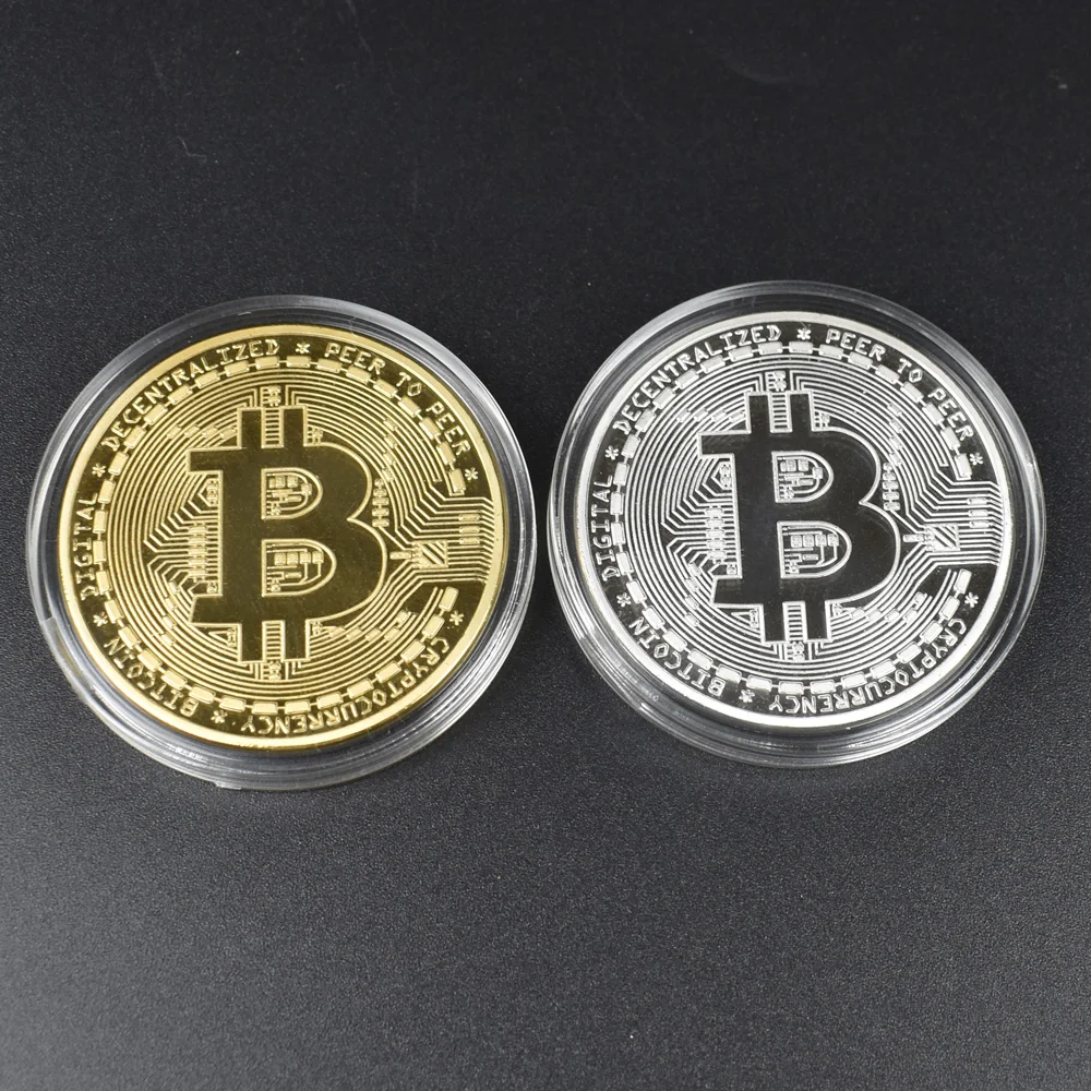 100PCS Bitcoin Coin with Acrylic Case Bit Coin Gold silver Metal Coin