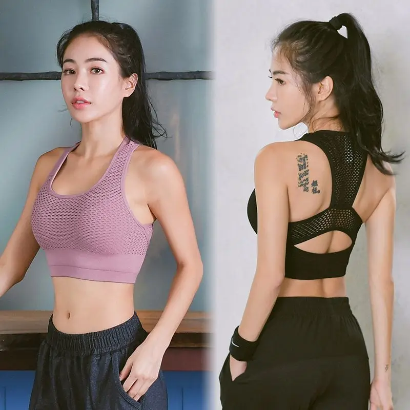 

Shockproof High Impact Pink Sports Bra Women Net Yarn Padded Yoga Bra Breathable Fitness Tank Top Cropped Gym Clothing