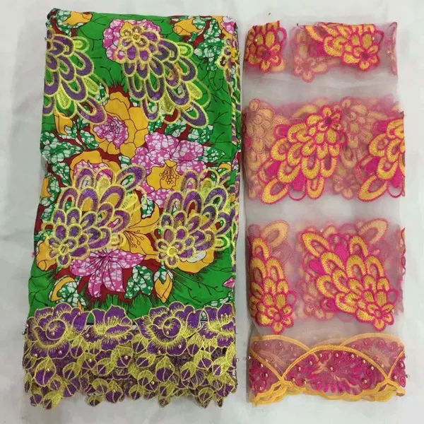 

Luxury printed African wax lace fabric(6y) matching with French tulle net lace fabric(2y) for dress WNL22