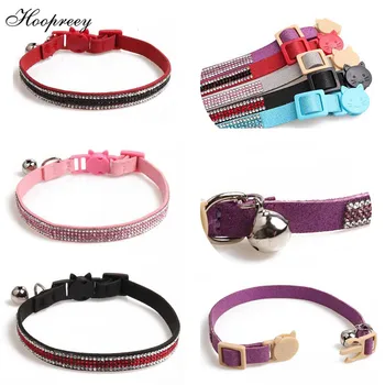 

1.0cm Bling Rhinestone Bell Cat Dog Collar Adjustable Cat Buckle Microfiber Necklace for Kittens Puppy Dogs Pet Accessories