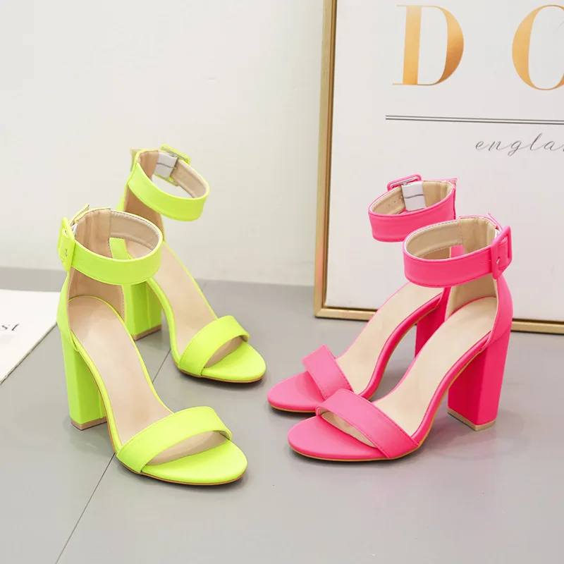 

Summer Women Ankle Strap Sandals Silk Buckle Strap Square heel 10CM Candy colors High Heels Sandals Women Shoes Sexy Pumps