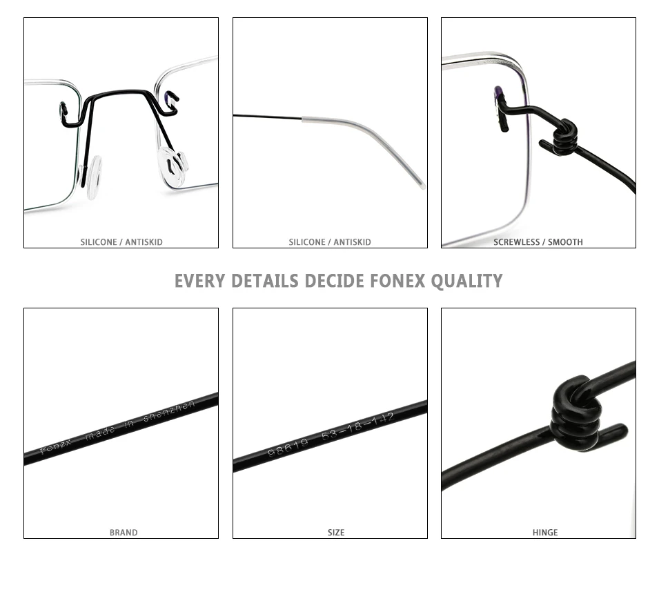FONEX, оправа из титанового сплава, мужские очки без оправы, квадратные очки для близорукости, оптические очки по рецепту, женские 98619