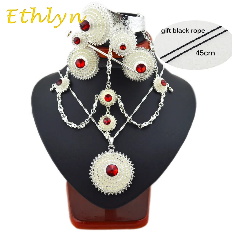 Ethlyn Bright Plated silver plated Ethiopian/Eritrean stone jewelry sets with hair accessories for African bridal wedding S137A