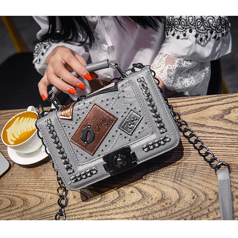 Women PU Leather Handbag Messenger Embroidery Rivets Lock Bags Tide National Wind Small Square Bag