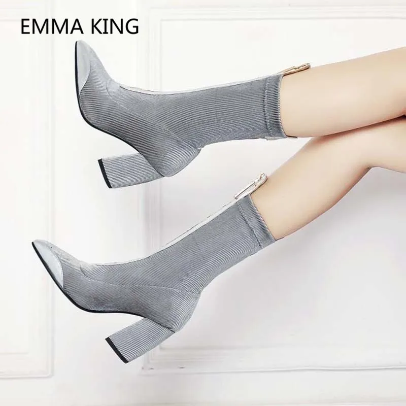 

2019 Luxury Corduroy Ankle Boots For Women Pointed Toe Fashion Chunky High Heels Front Zipper Designer Ladies Winter Shoes Boots