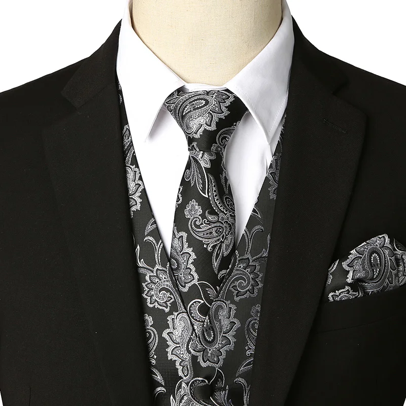 Брендовый Золотой мужской костюм, жилет+ галстук+ карман, квадратный, комплект из 3 предметов, цветочный рисунок Пейсли, без рукавов, для свадьбы, мужские вечерние жилеты для клуба, выпускного, Homme