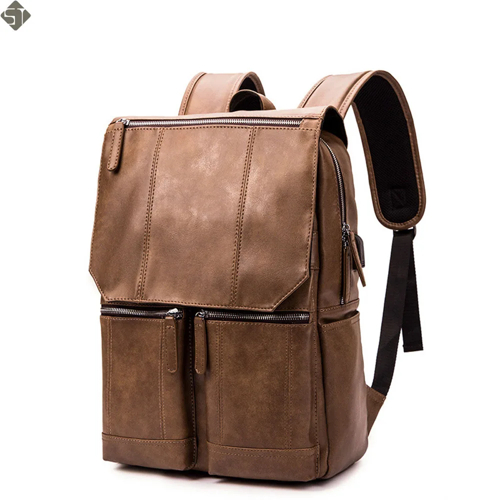 

Brand Backpack Leather Men Laptop Travel Backpack 15inch Waterproof Laptop Backpack USB College Bookbag Men mochila hombre