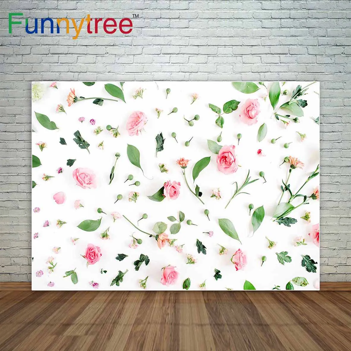 

Funnytree photo background White background with pink fresh flowers and green leaves cute backdrop for kids decoration a photo