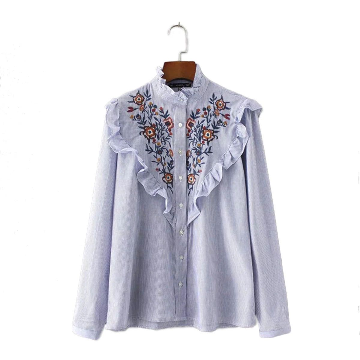 Vintage Floral Embroidery Cotton Ruffled Neck Striped Long Sleeve Casual Blouse Tops (2)