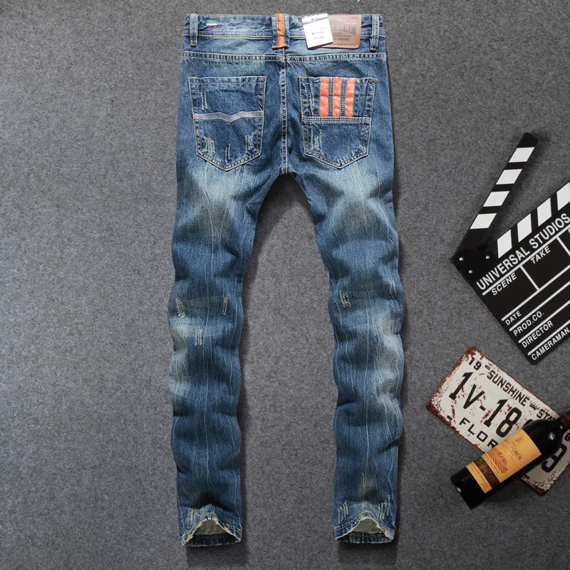 Fashion Designer Men Jeans Orange Stripe Vintage Straight Fit Cotton Denim Pants hombre Streetwear Classical Buttons Jeans Men