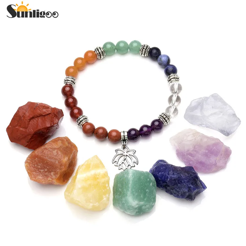 Preise Sunligoo 7 Chakra Healing Kristalle Natürliche Grobe Raw Steine + Natürliche Edelstein Stein Chakra Armband Meditation Set Energie Stein Dekor