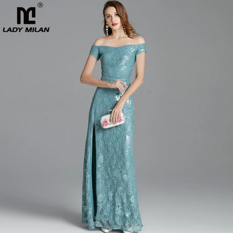 

Luxury Autumn Women's Runway Dresses Sexy Slash Neckline Split Party Prom Embroidery Sequined Lace Elegant Long Designer Dresses