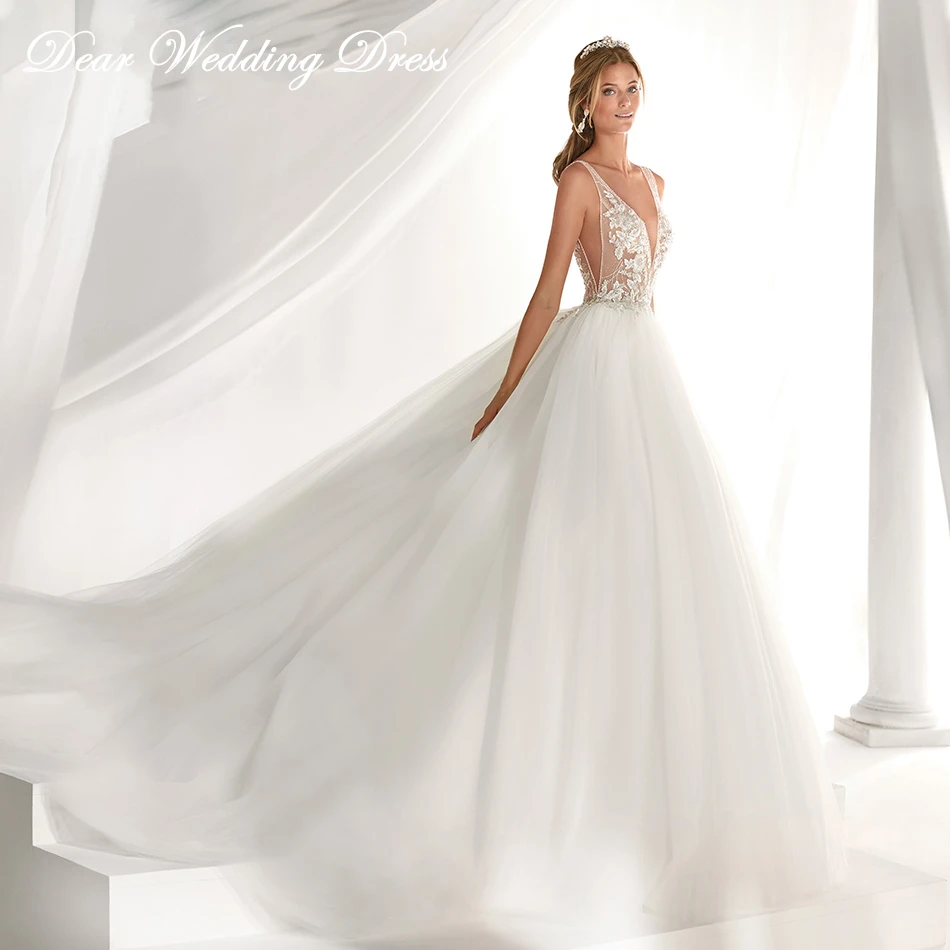 

Sexy Deep V-neckline Backless Tulle Wedding Dress 2019 Beaded Appliques Bride Dress Romantic French princess Wedding Gowns