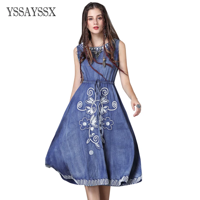 

YSSAYSSX Vintage Drawstring Crew Neck Dress New Embroidered Vest Denim Dress Solid Color Sling Mid Waist Elegant Denim Dress