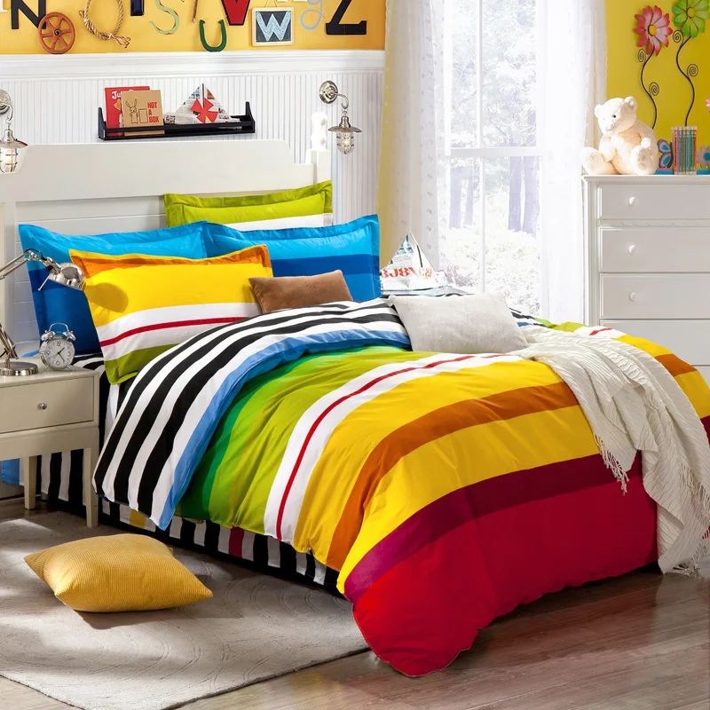 

100% Cotton Rainbow Colorful Thin Stripe Bed Quilt Cover Bed Cap Fitted Sheet Bed Sheet Pillow Case