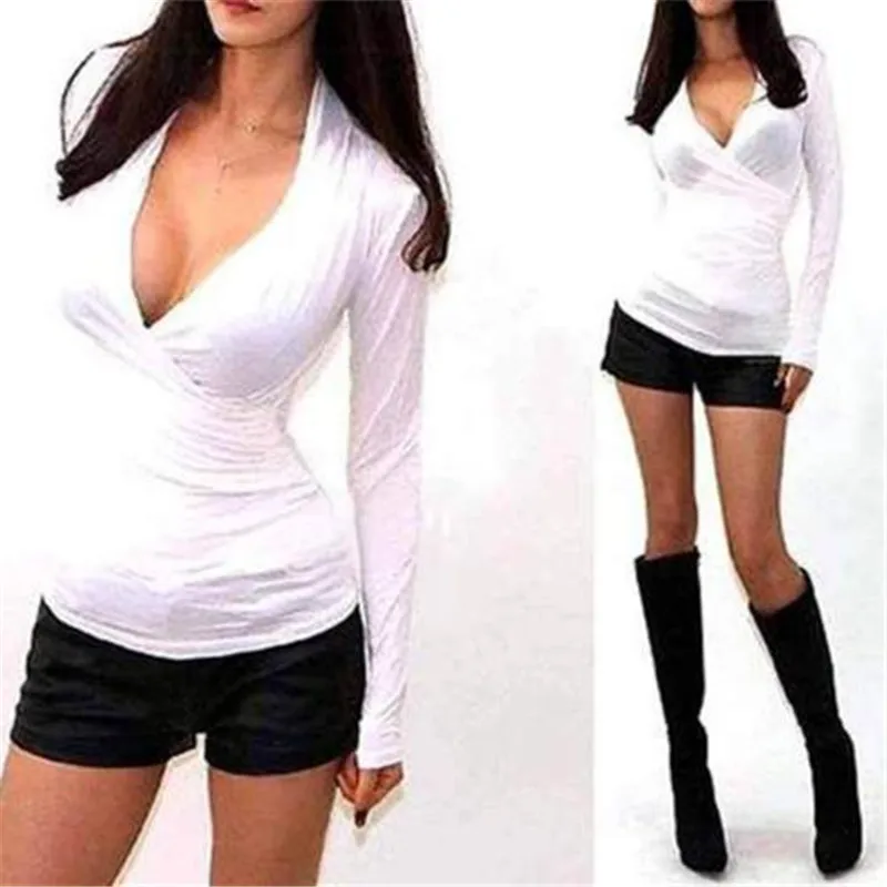 

Hot Sexy Women's 2017 Wrap V-neck Plunge Drape Low Cut Long Sleeve Stretch Shirt Tops